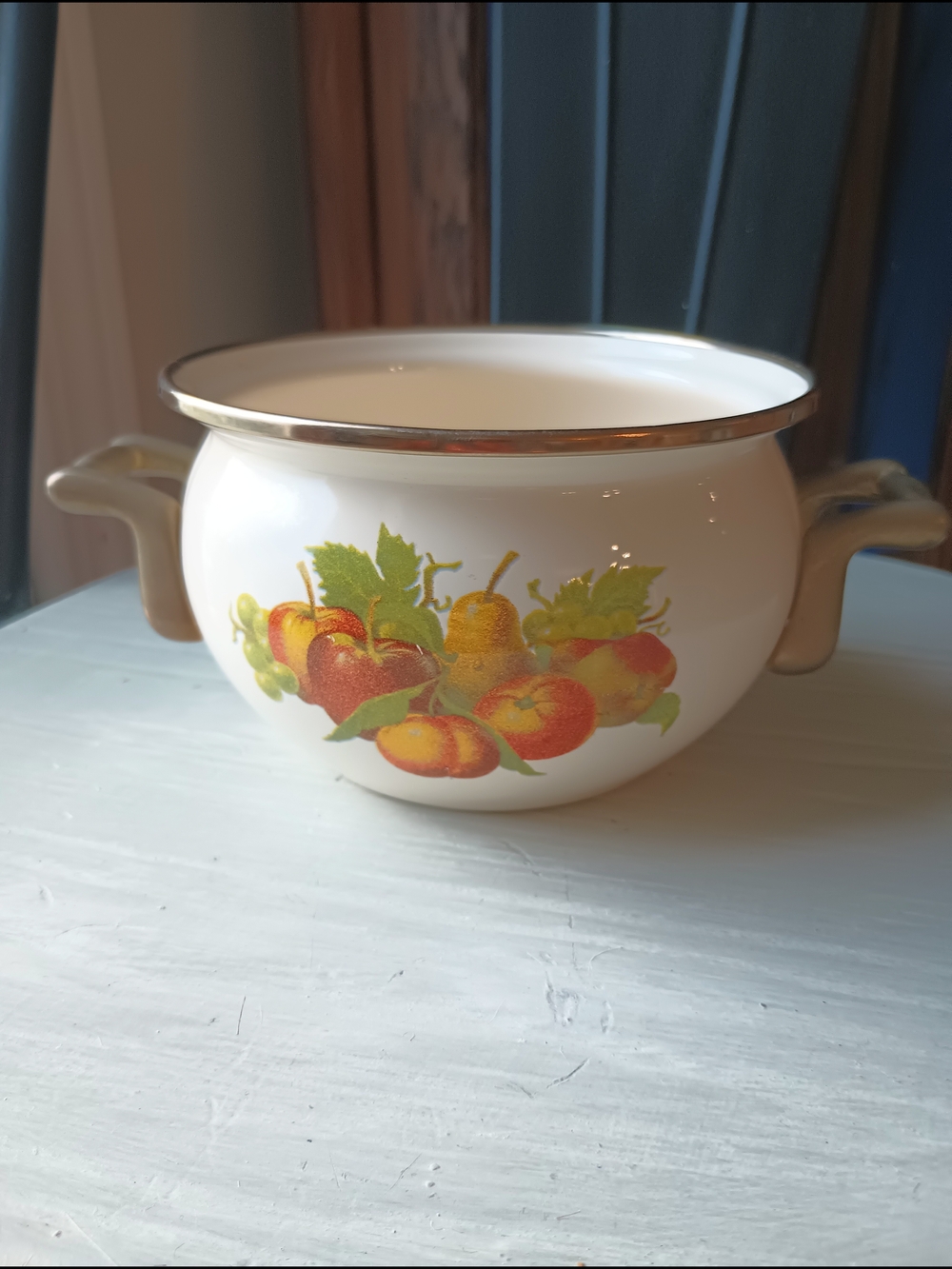 intage Enamel Pot Planter: Fruit Design, Rustic Farmhouse Decor